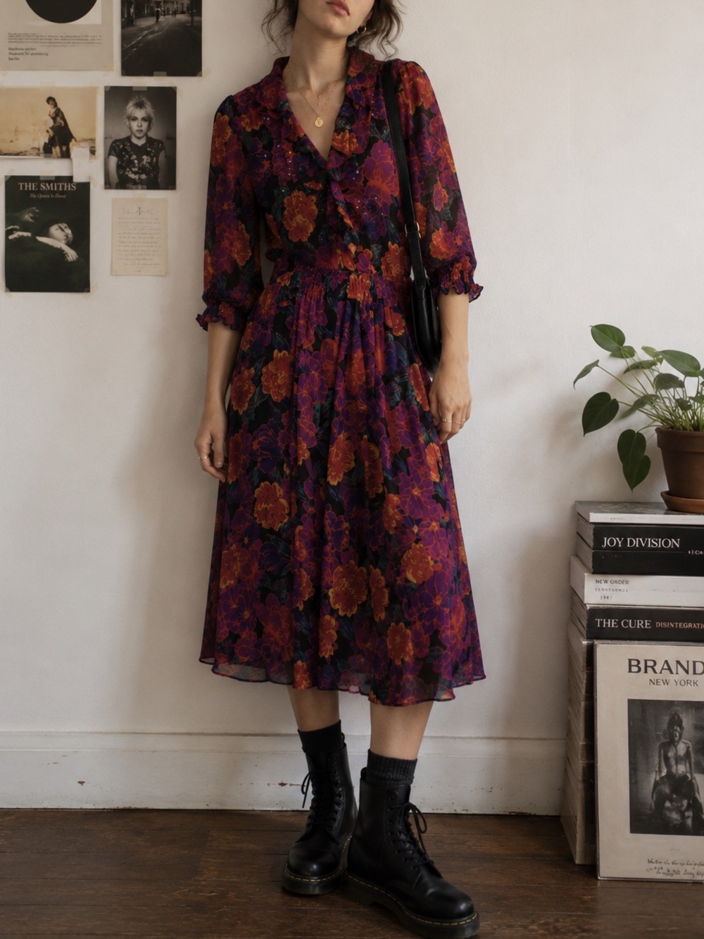 Vintage Floral Dress Montage By Mosaic Indie Large Chiffon Ruffle 80s